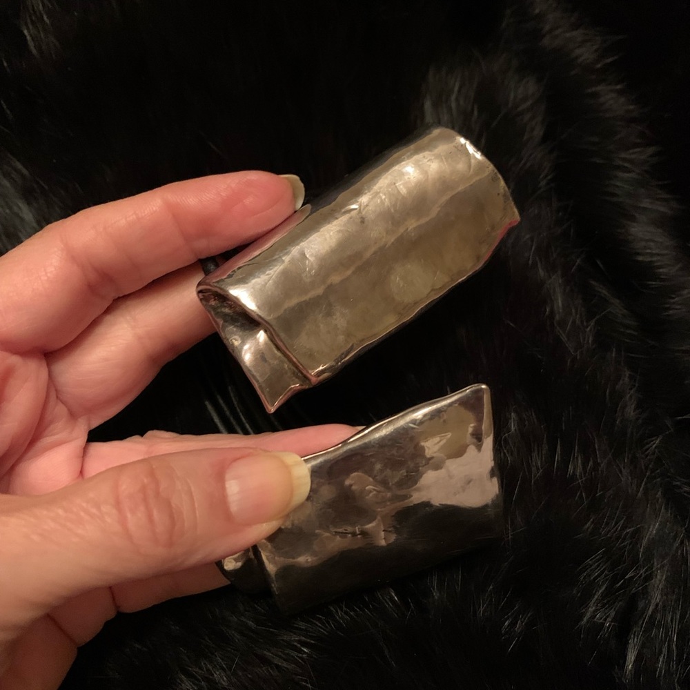 Silver Statement Cuff Bracelet With Black Wire Ba… - image 2